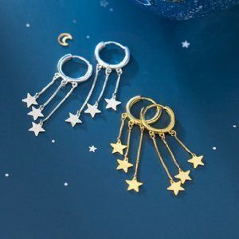 NEW Gold/Sterling Silver Star Tassel Hoop Earrings